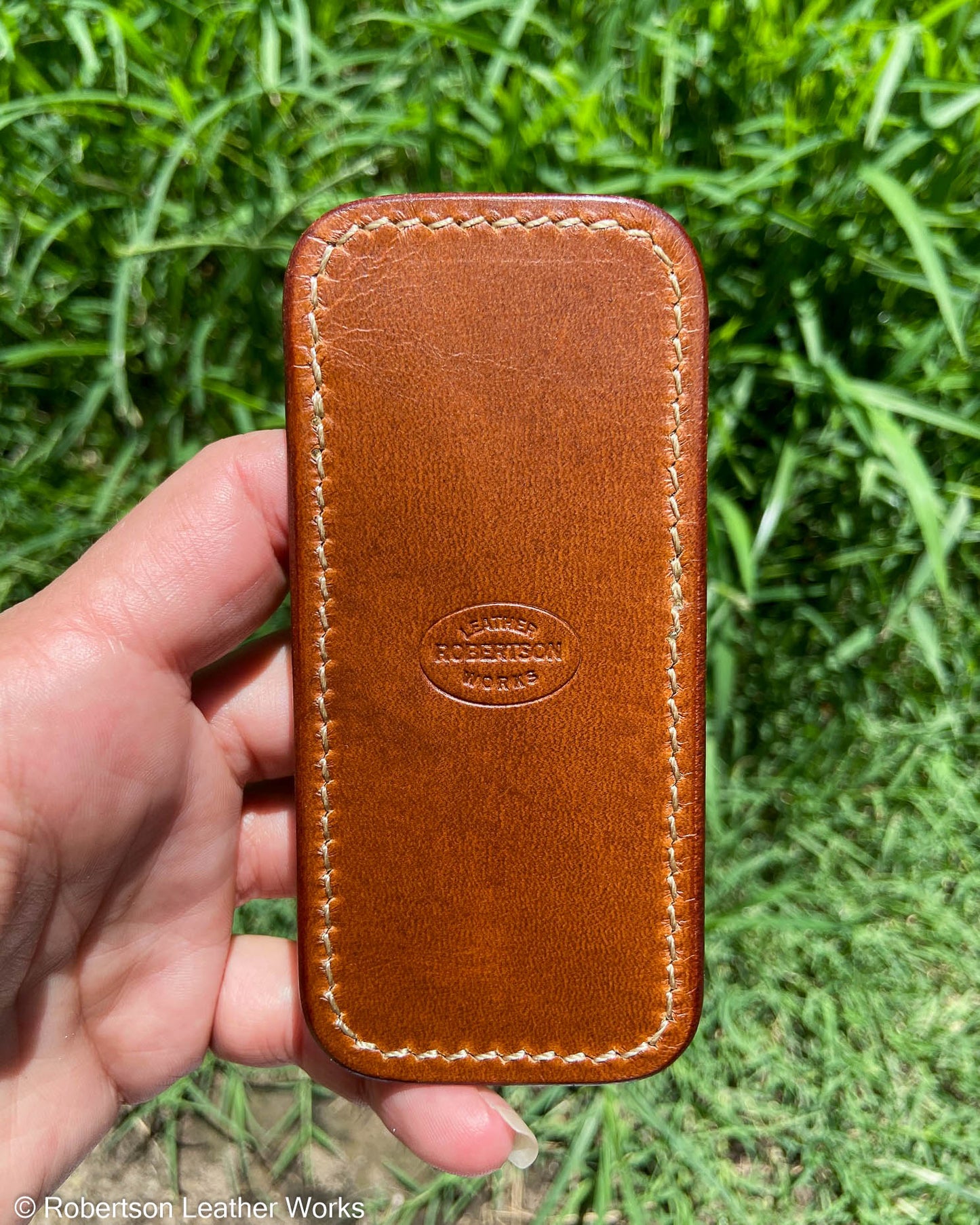 Schmedium Glazed Whiskey Elephant Leather Knife Slip, Cream Stitching