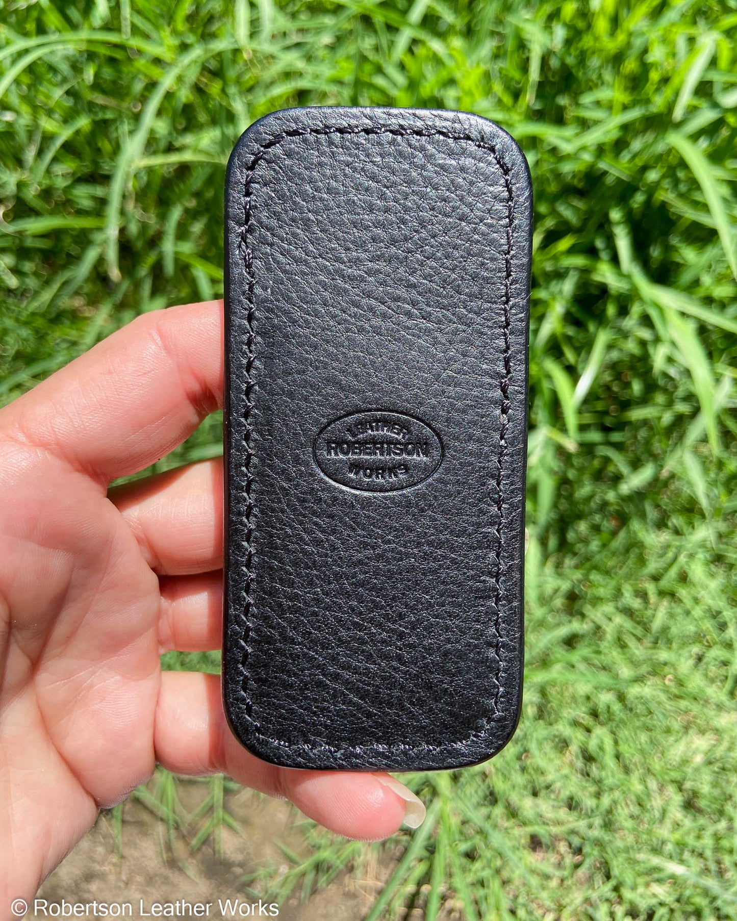 Small Black Hornback Caiman Leather Knife Slip, Black Stitching 1