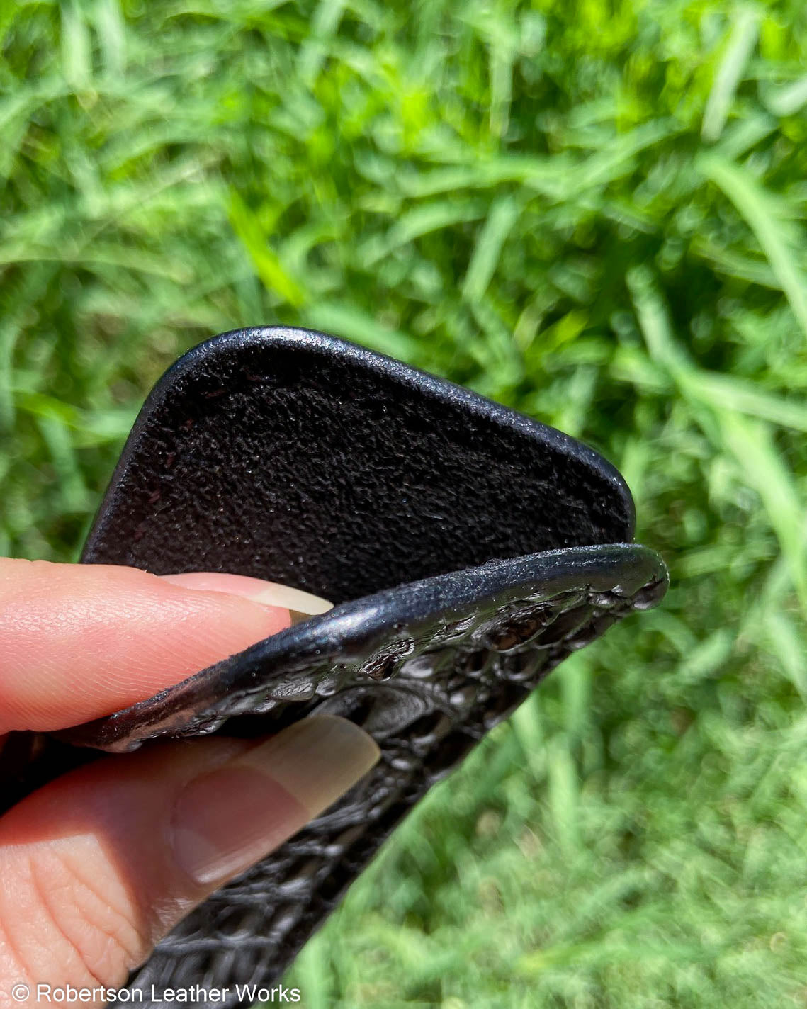Small Black Hornback Caiman Leather Knife Slip, Black Stitching 1