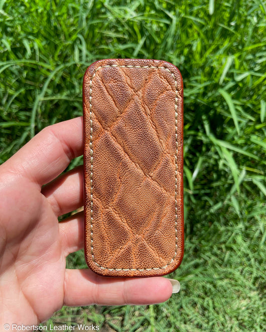 Small Antique Peat Elephant Leather Knife Slip, Cream Stitching