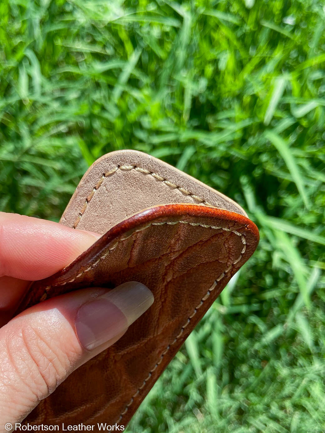 Small Antique Peat Elephant Leather Knife Slip, Cream Stitching