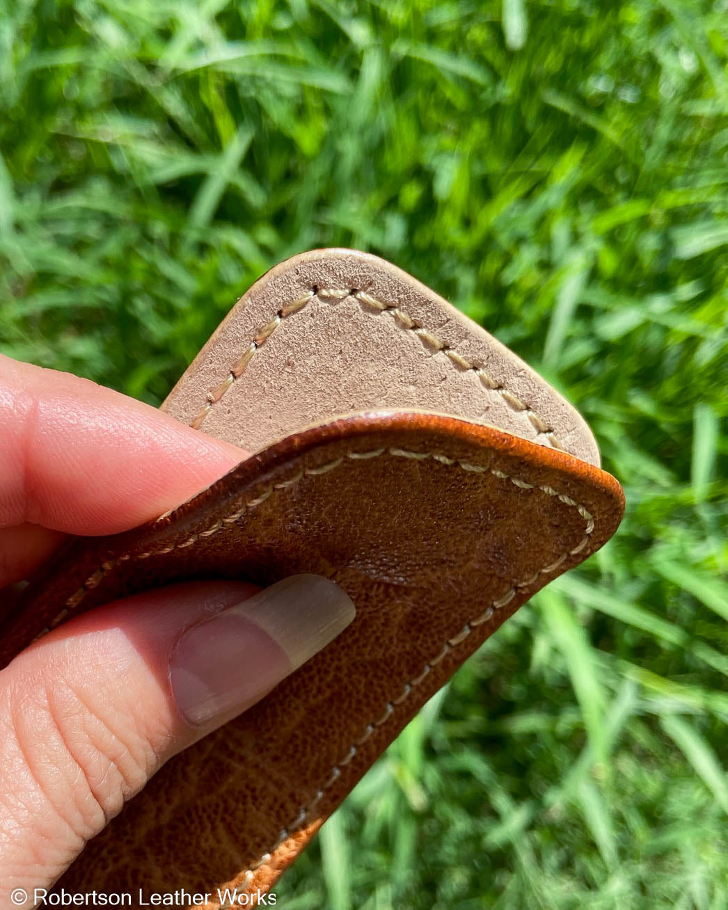 Small Glazed Whiskey Elephant Leather Knife Slip, Cream Stitching