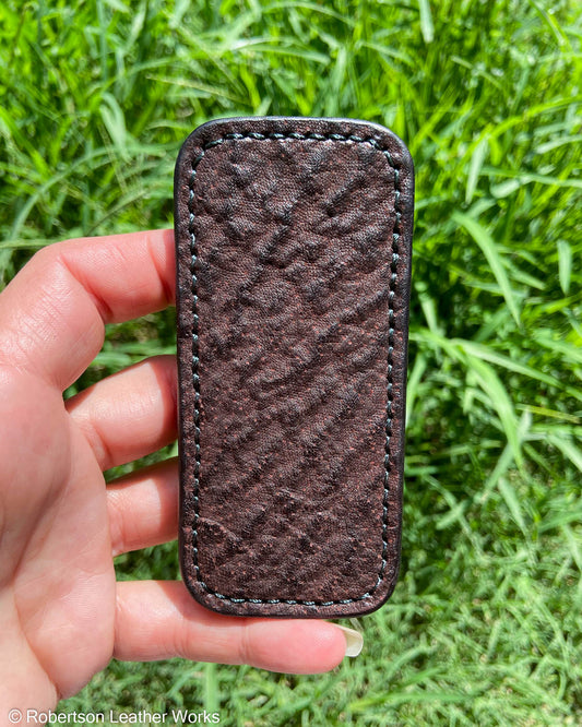 Small Red-Brown Shark Leather Knife Slip, Forest Stitching