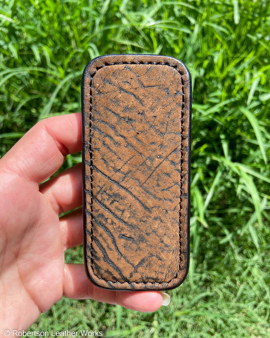 Small Cognac Safari Giraffe Leather Knife Slip, Black Stitching