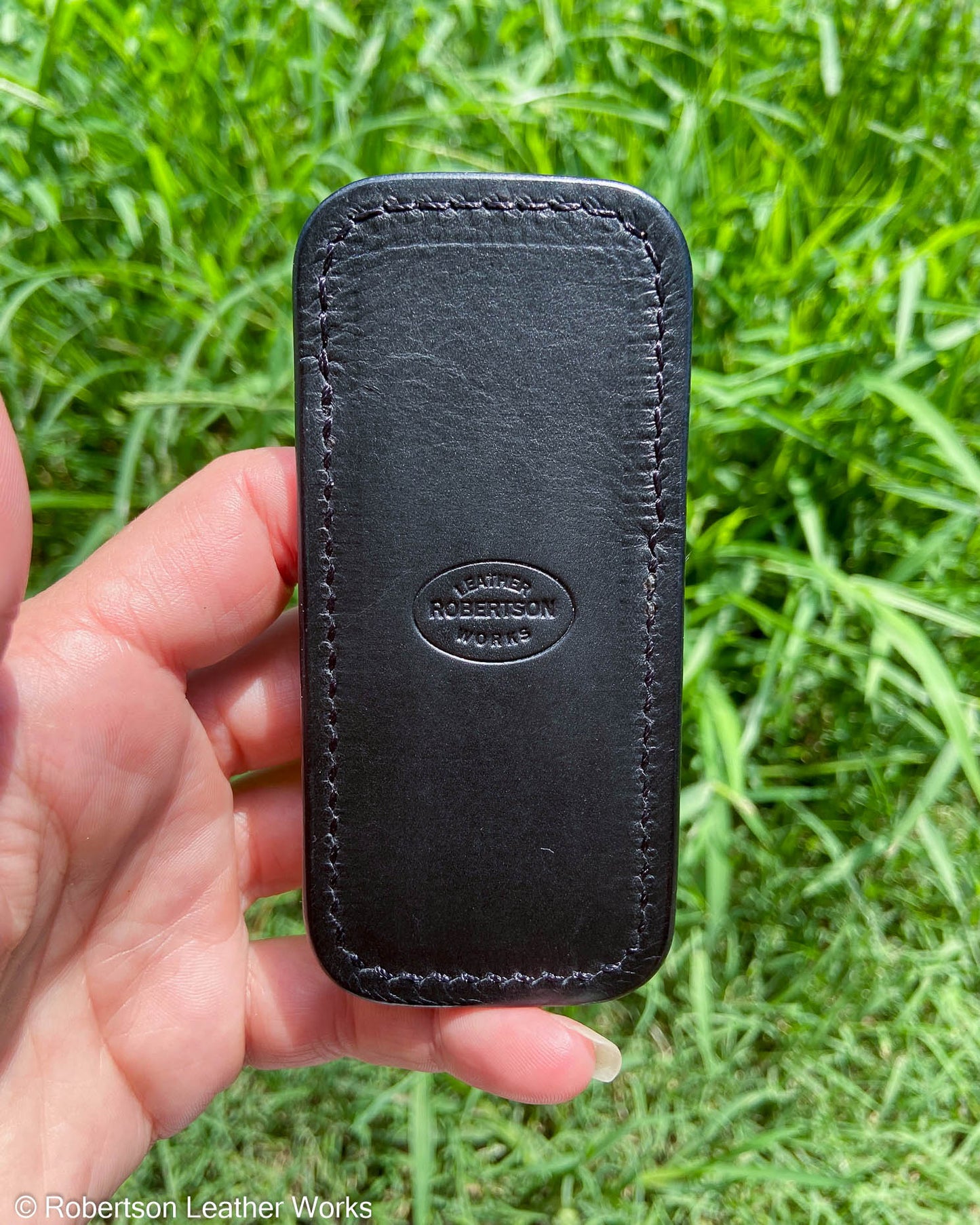 Small Black Shark Leather Knife Slip, Black Stitching 2