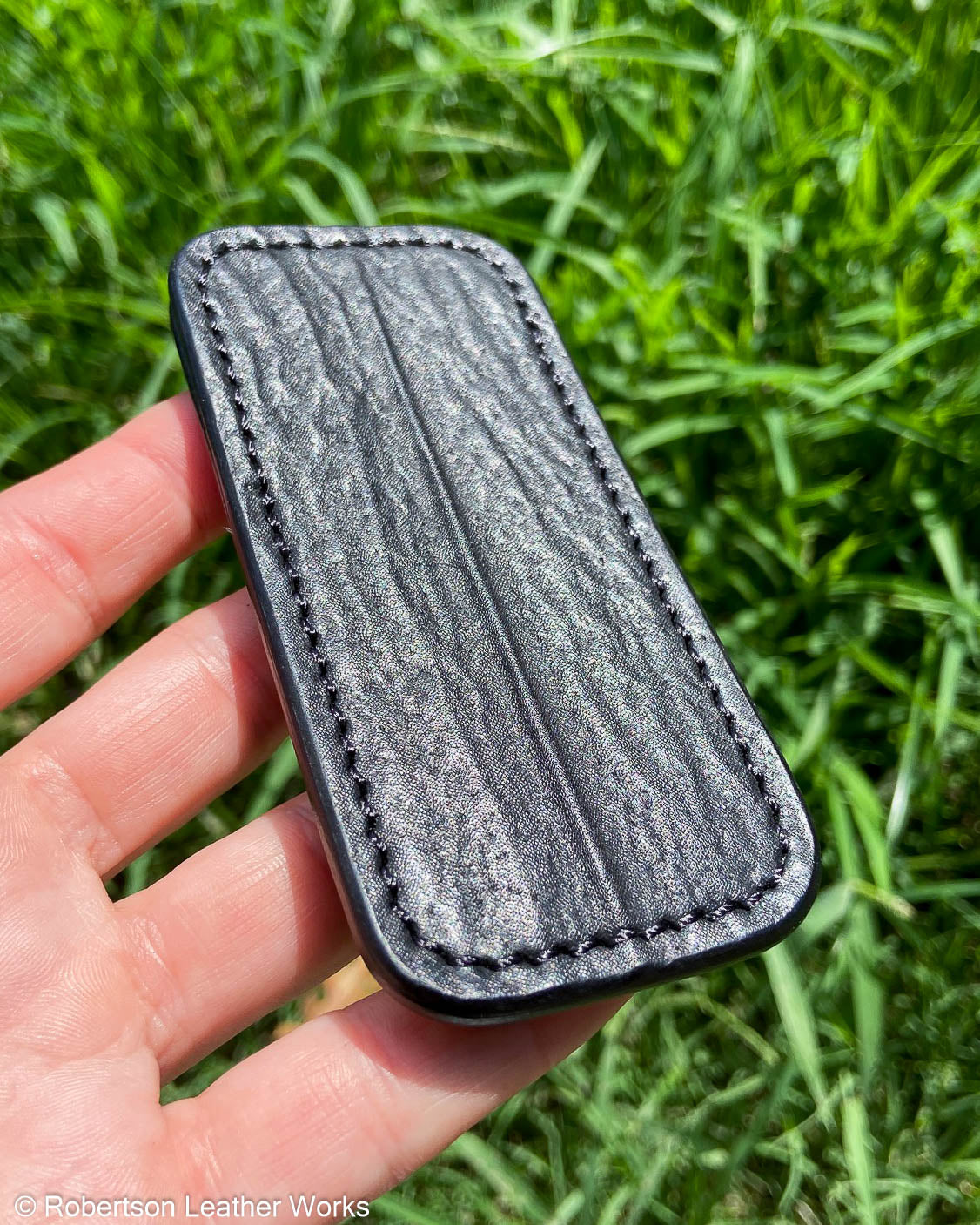 Small Black Shark Leather Knife Slip, Black Stitching 2