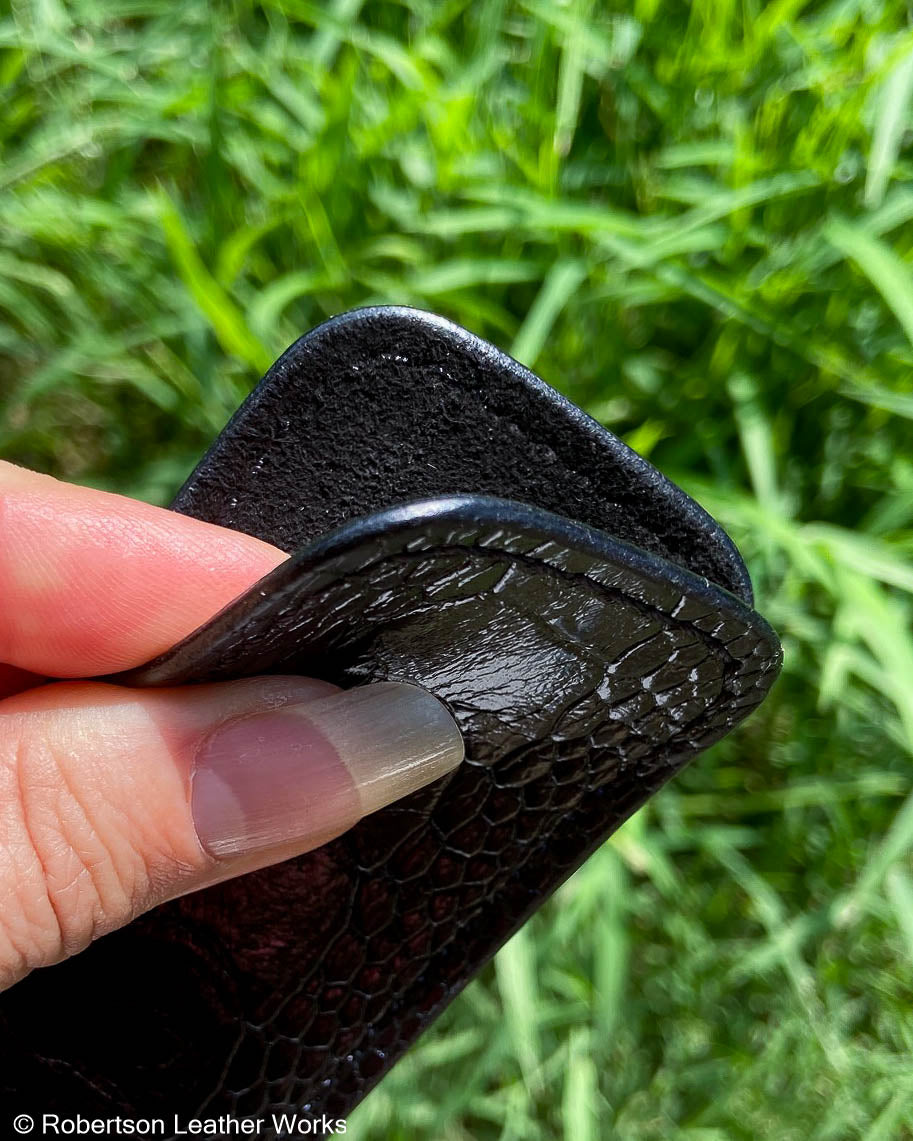 Small Black Glazed Ostrich Leg Leather Knife Slip, Black Stitching