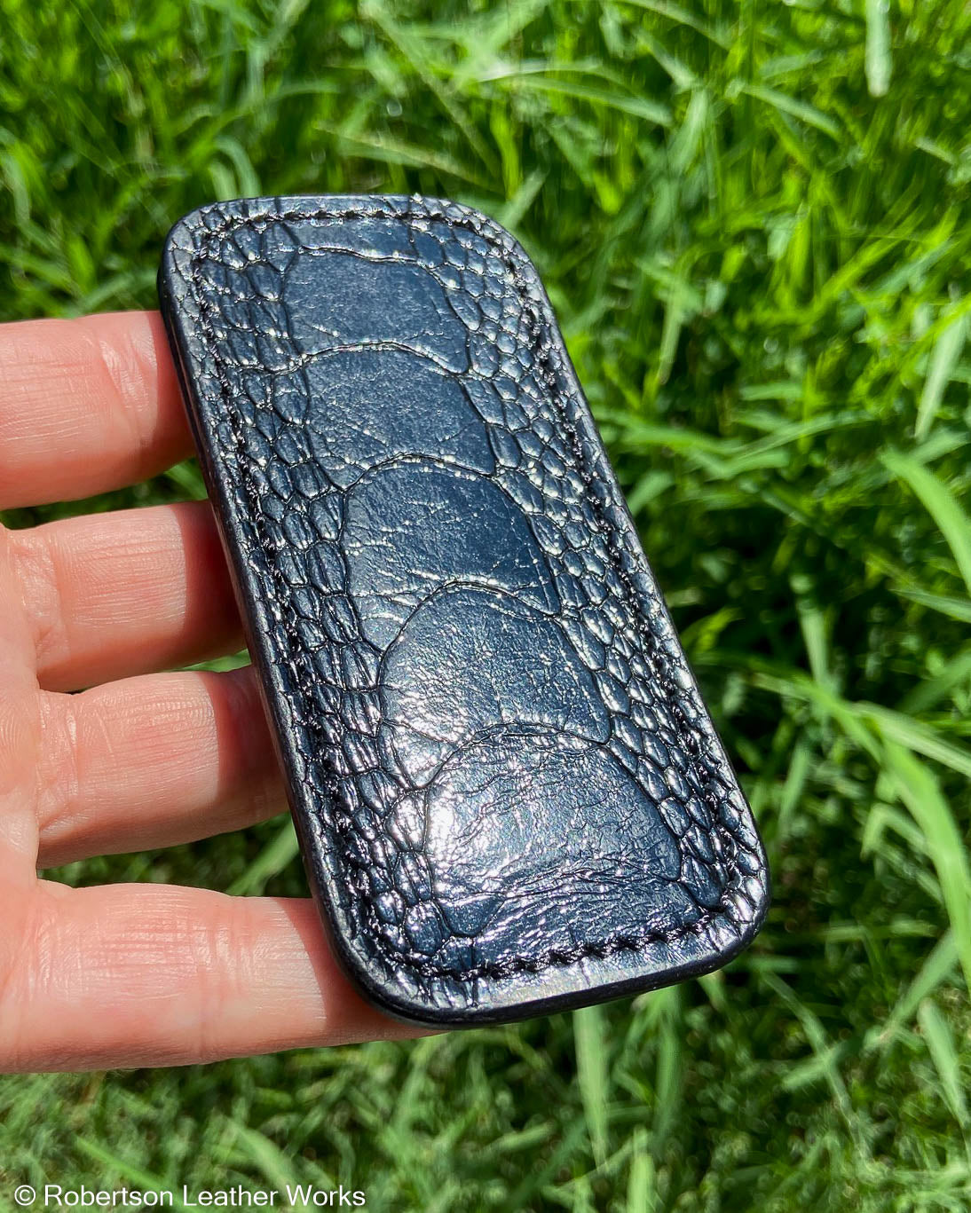 Small Black Glazed Ostrich Leg Leather Knife Slip, Black Stitching