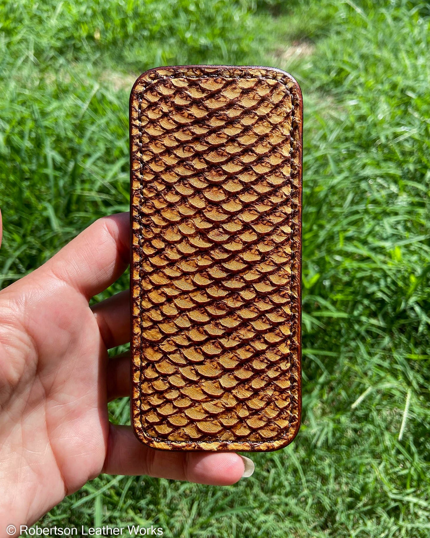 Large Tan Snake Head Fish Leather Knife Slip, Brown Stitching