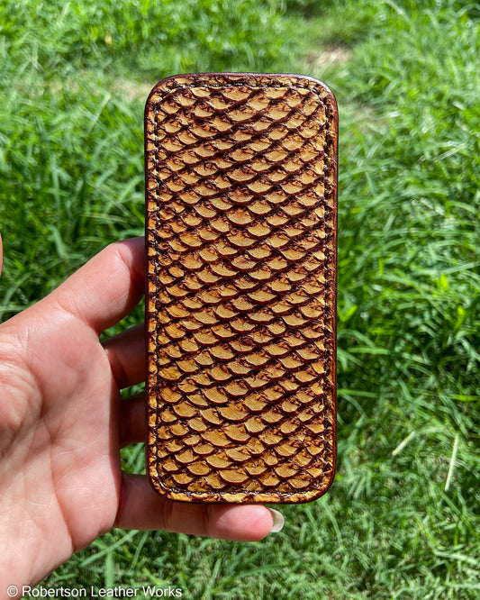 Large Tan Snake Head Fish Leather Knife Slip, Brown Stitching
