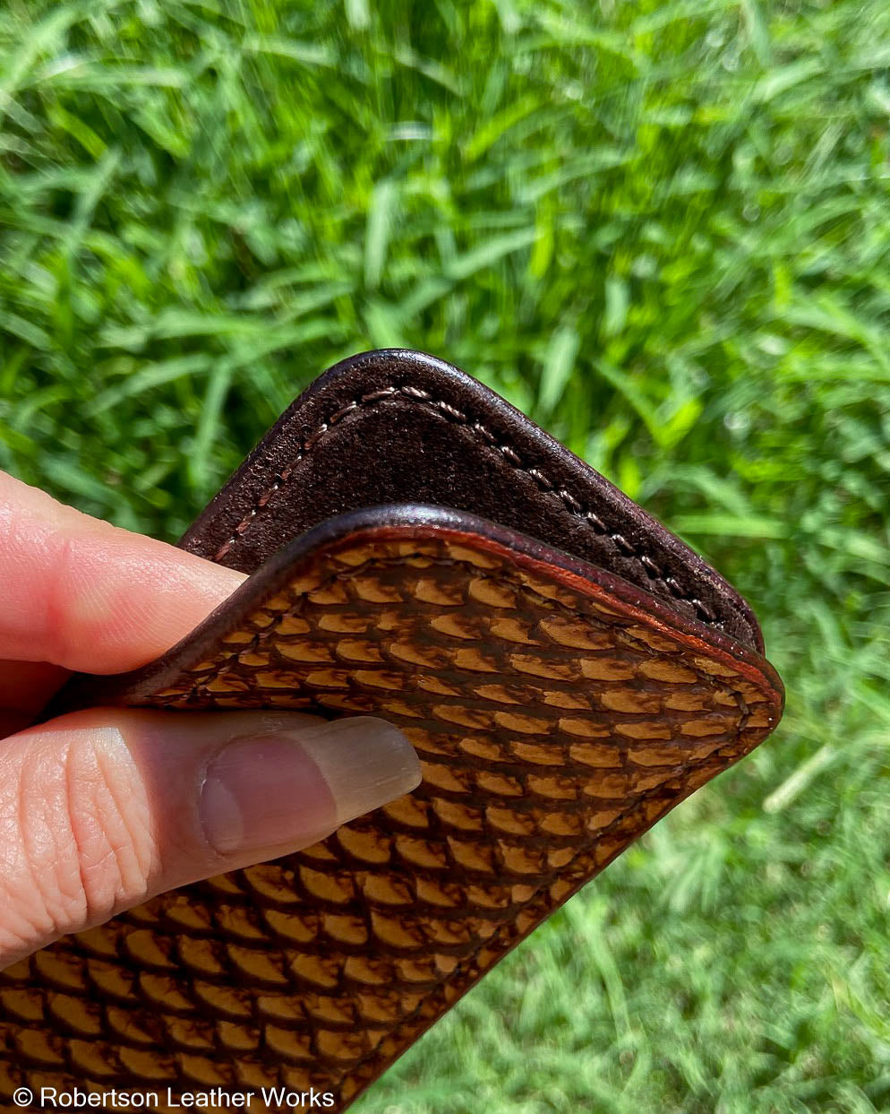 Large Tan Snake Head Fish Leather Knife Slip, Brown Stitching