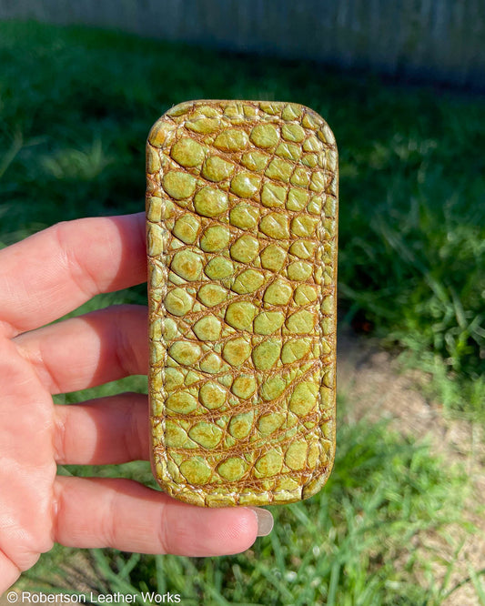 Micro H.D. Lt Green Alligator Leather Knife Slip, Taupe Stitching