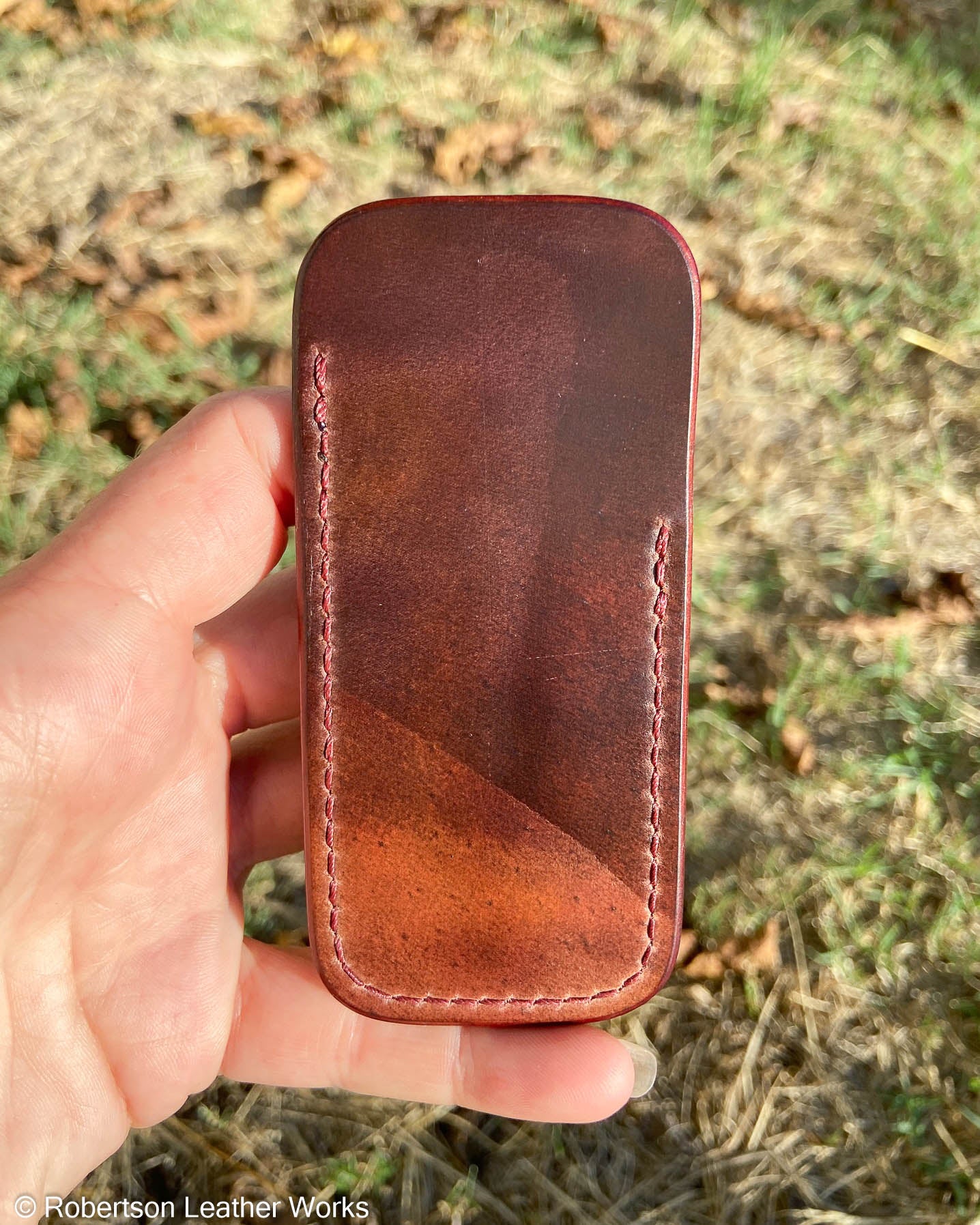 Small Marbled Bourbon Shell Leather Knife Slip, Burgundy Stitching