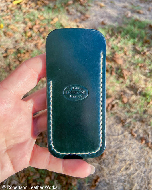 Small Green Shell Leather Knife Slip, Cream Stitching