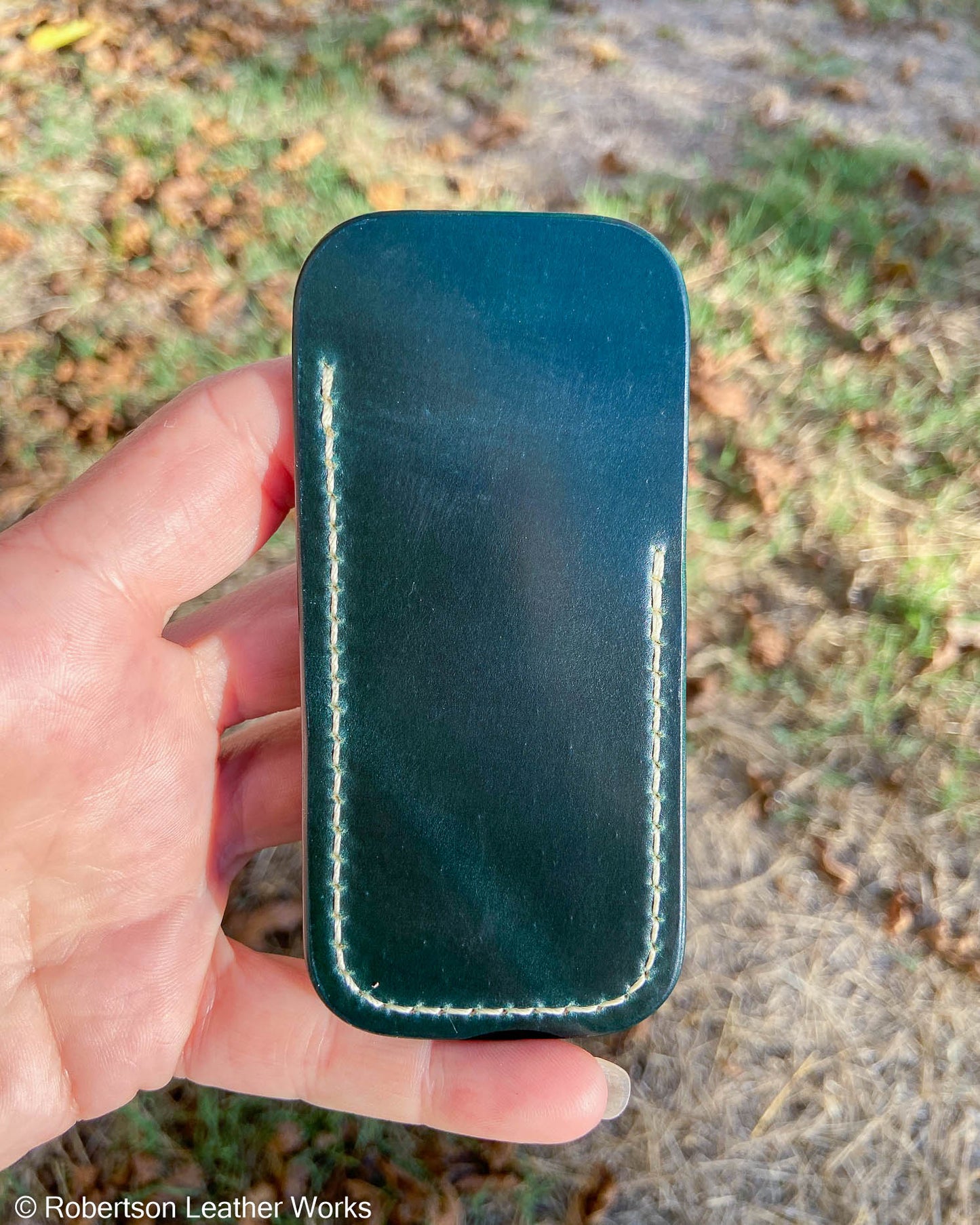 Small Green Shell Leather Knife Slip, Cream Stitching