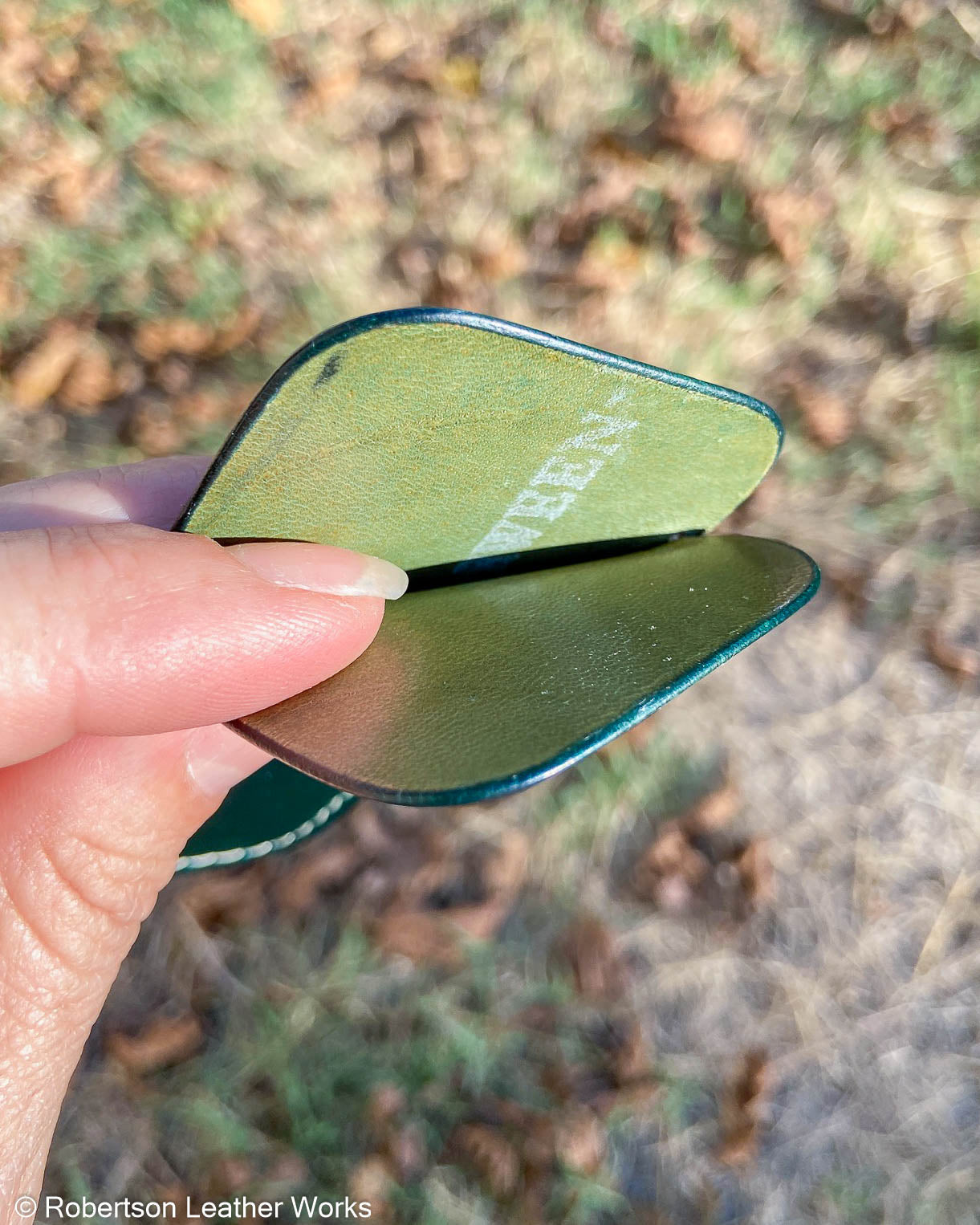 Small Green Shell Leather Knife Slip, Cream Stitching