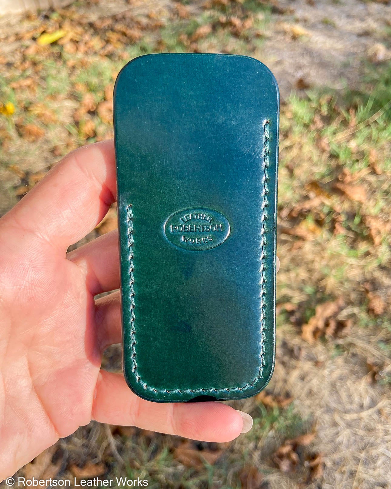Small Green Shell Leather Knife Slip, Emerald Stitching