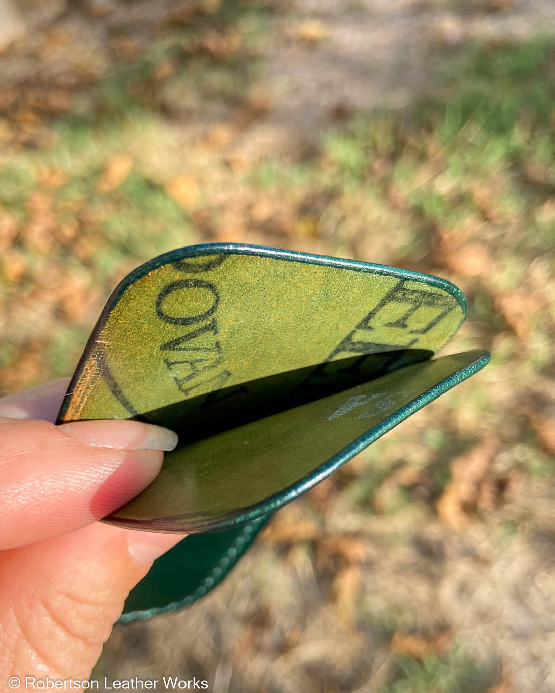 Small Green Shell Leather Knife Slip, Emerald Stitching