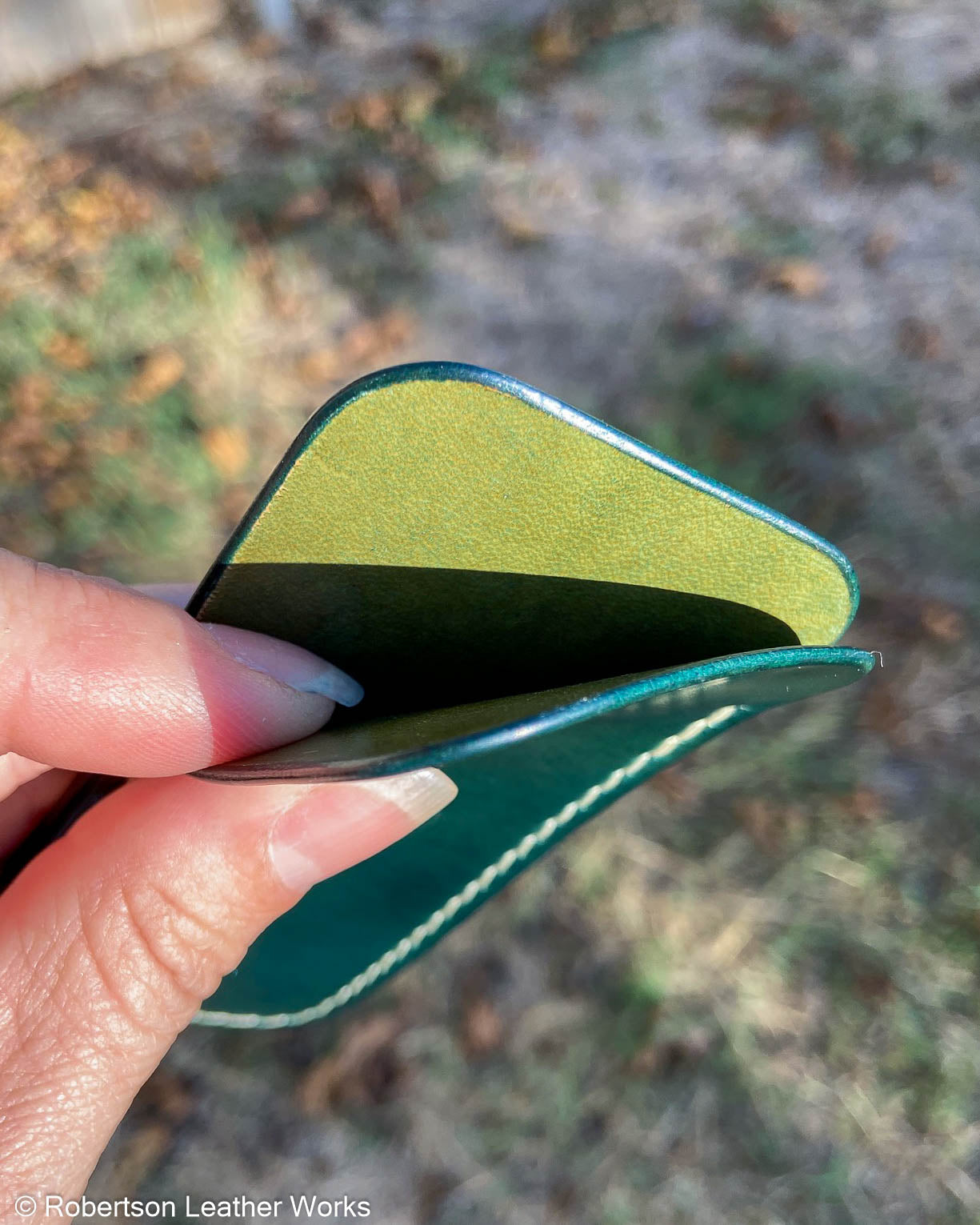 Schmedium Green Shell Leather Knife Slip, Cream Stitching