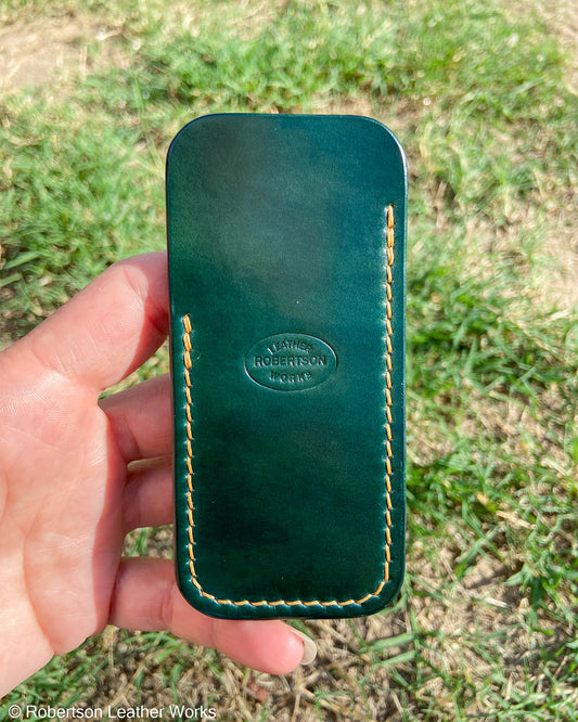 Schmedium Green Shell Leather Knife Slip, Goldenrod Stitching