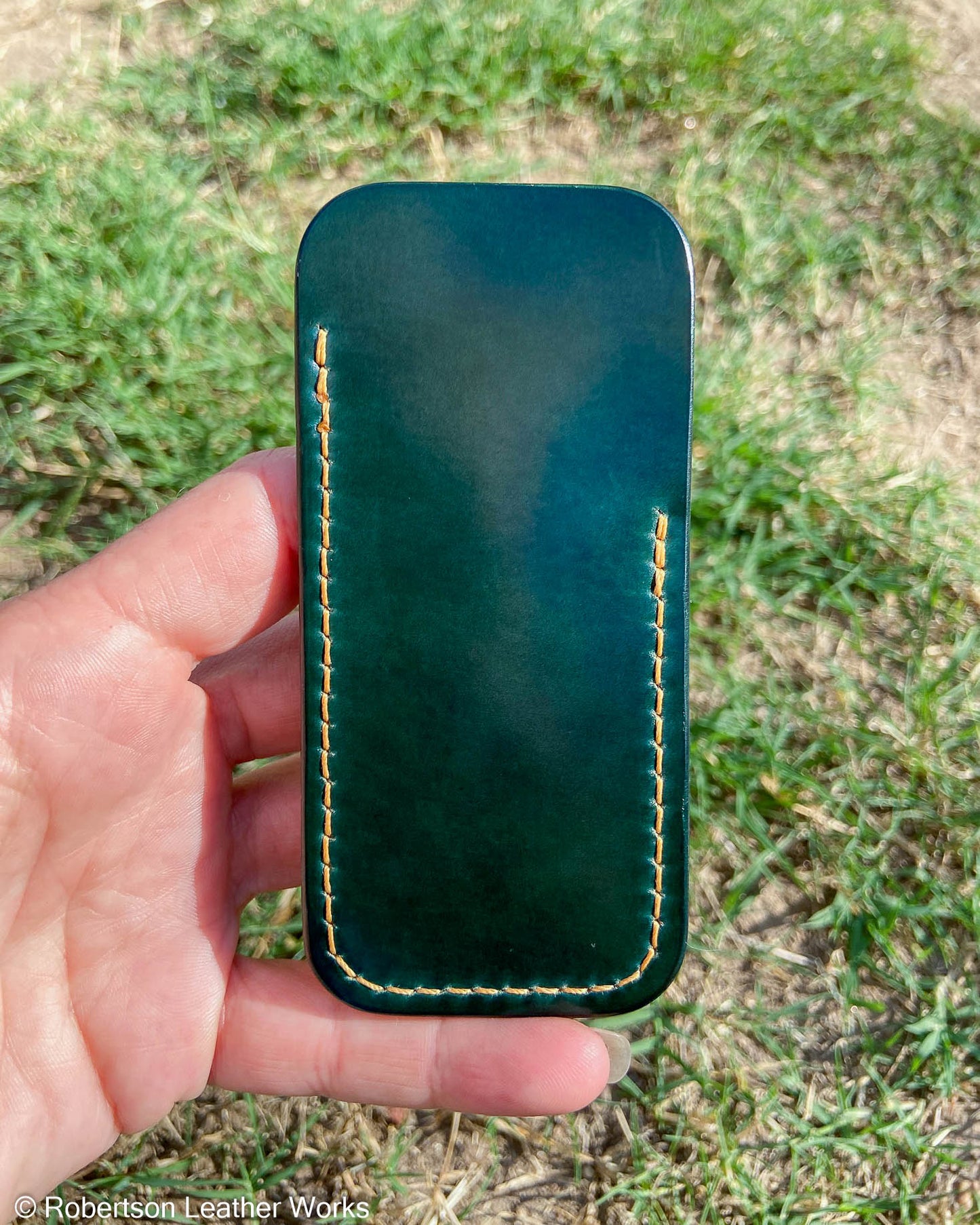 Schmedium Green Shell Leather Knife Slip, Goldenrod Stitching
