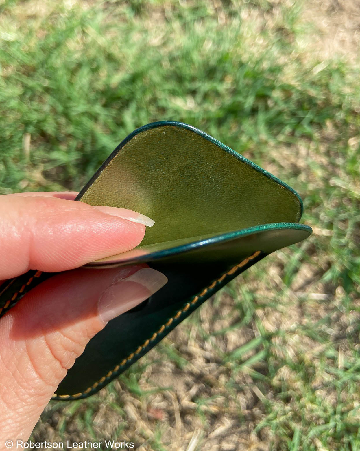 Schmedium Green Shell Leather Knife Slip, Goldenrod Stitching
