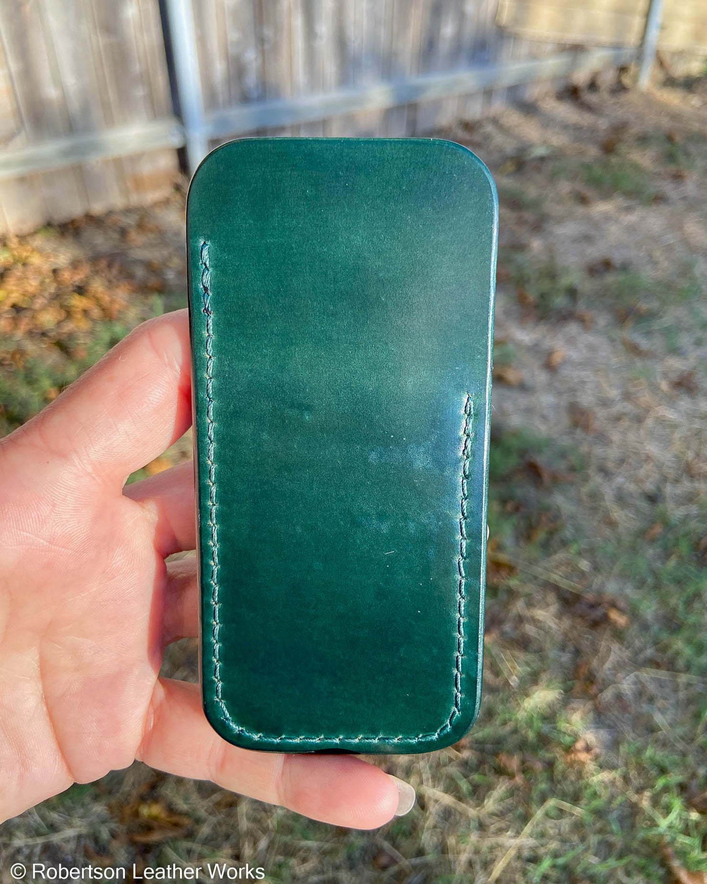Medium Green Shell Leather Knife Slip, Emerald Stitching