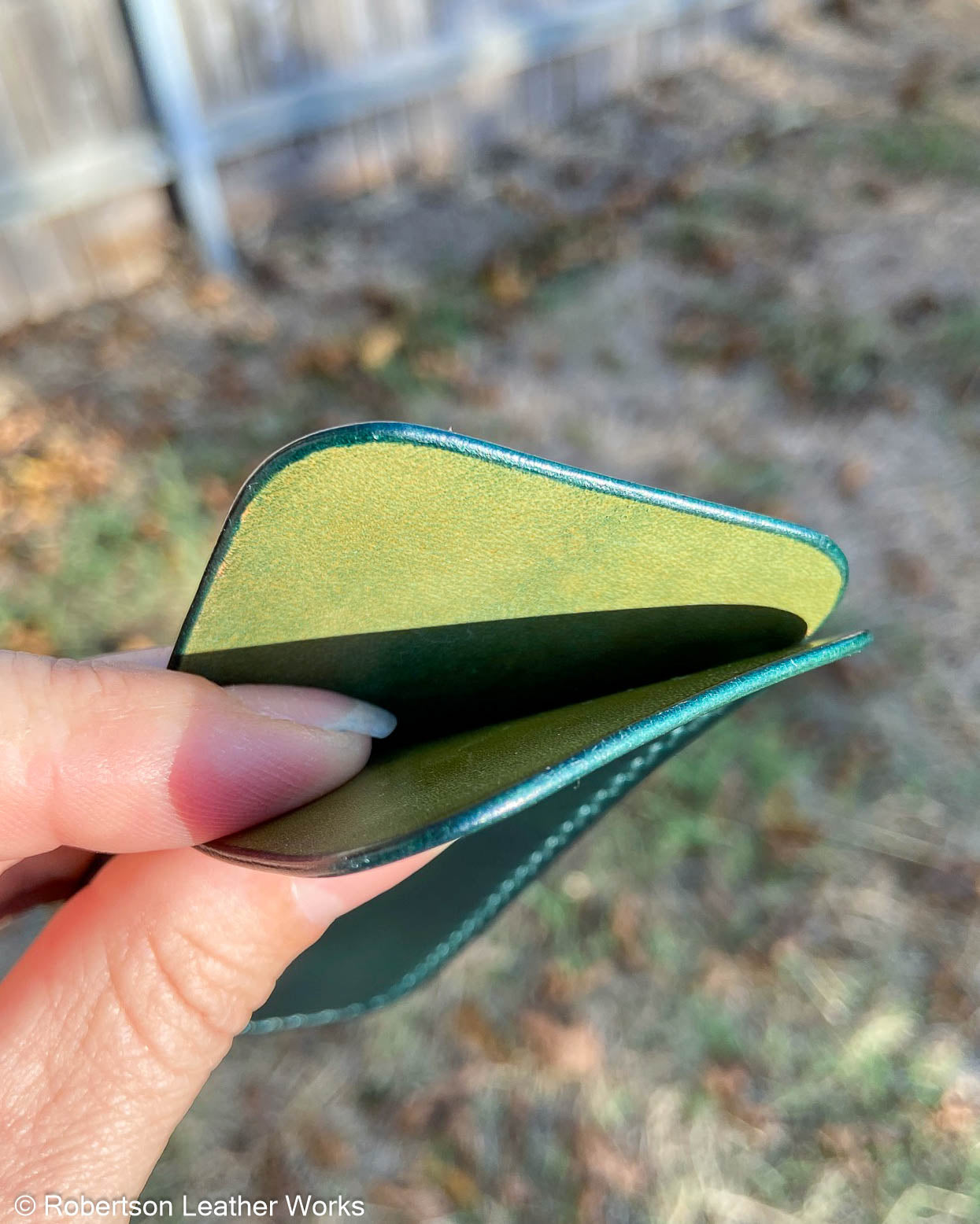Medium Green Shell Leather Knife Slip, Emerald Stitching