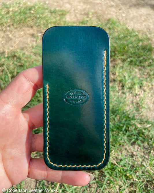Medium Green Shell Leather Knife Slip, Goldenrod Stitching