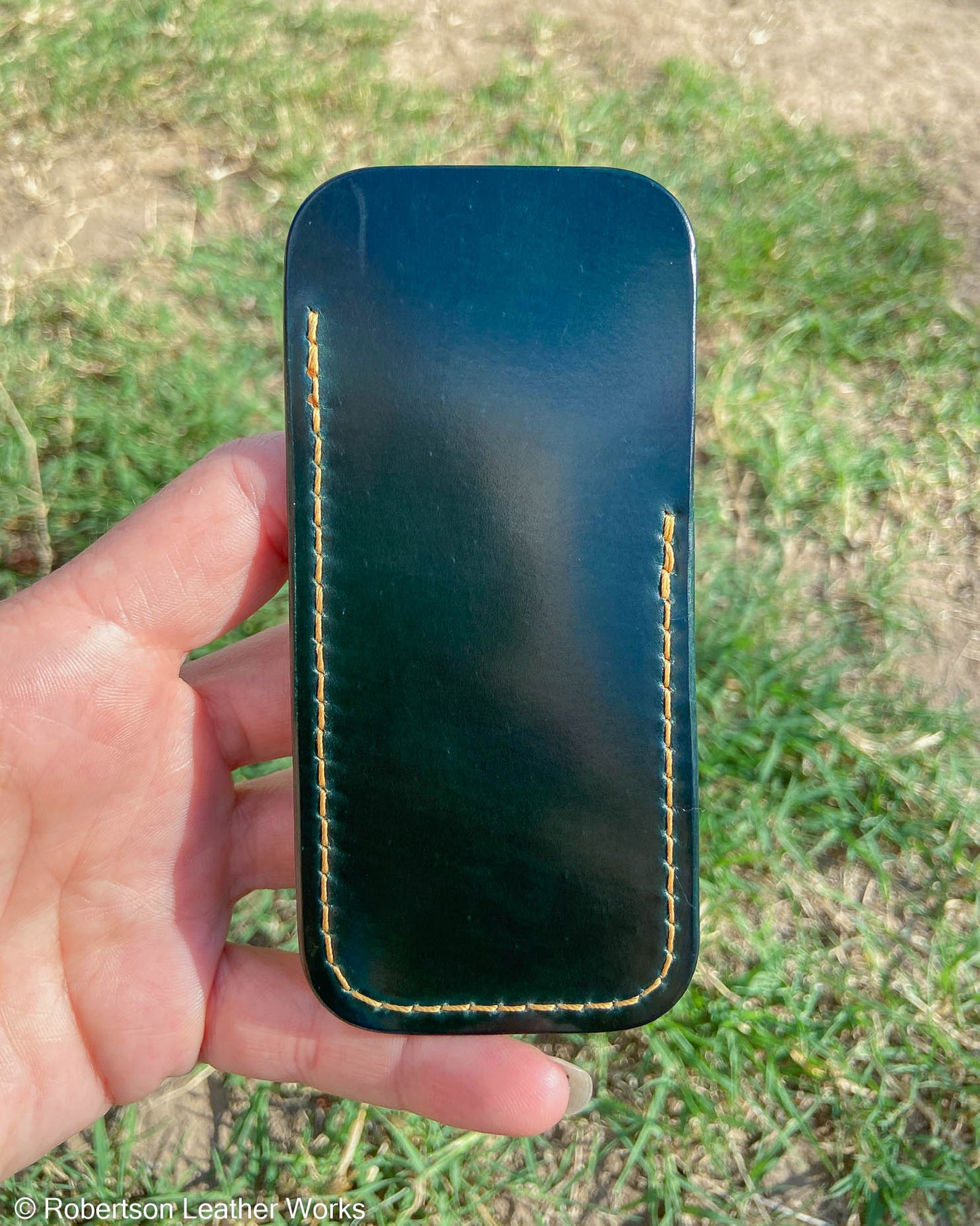 Medium Green Shell Leather Knife Slip, Goldenrod Stitching