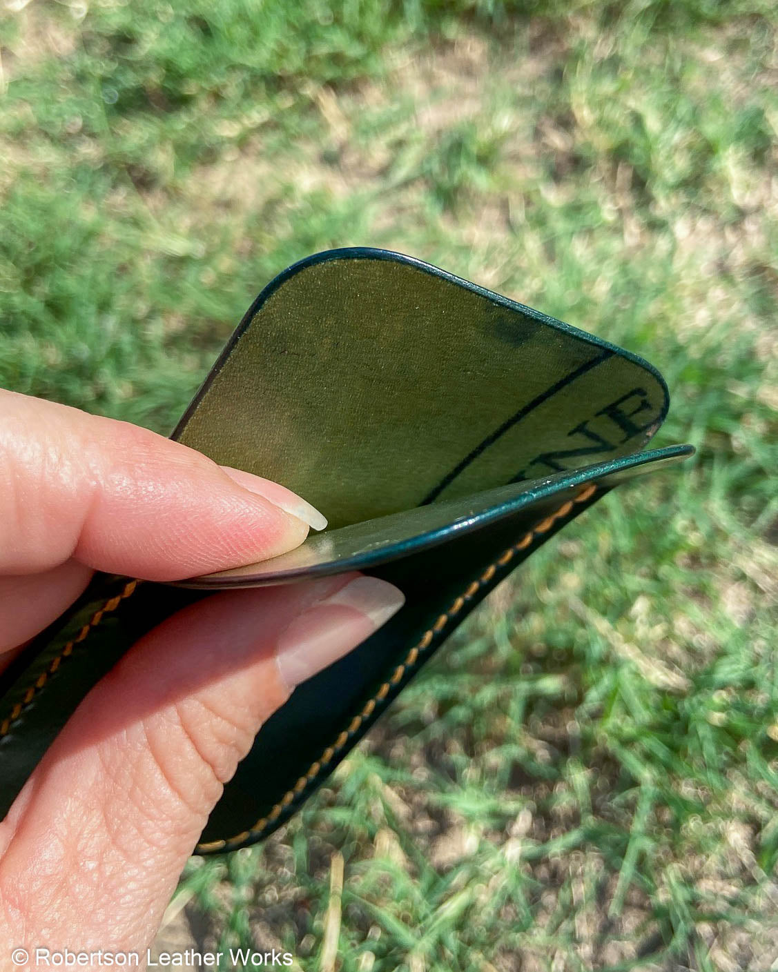 Medium Green Shell Leather Knife Slip, Goldenrod Stitching