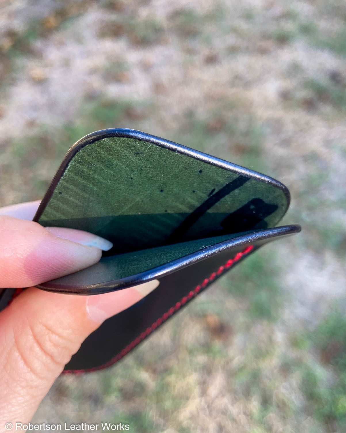 Medium Black Shell Leather Knife Slip, Red Stitching