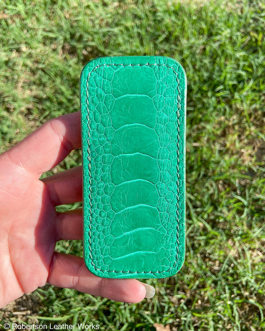 Schmedium Green Ostrich Leg Leather Knife Slip, Green Stitching