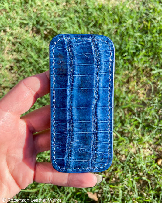 Schmedium Blue Caiman Leather Knife Slip, Navy Stitching