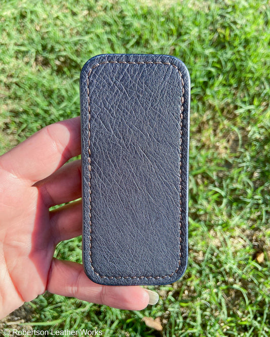 Schmedium Navy Ostrich Leather Knife Slip, Brown Stitching