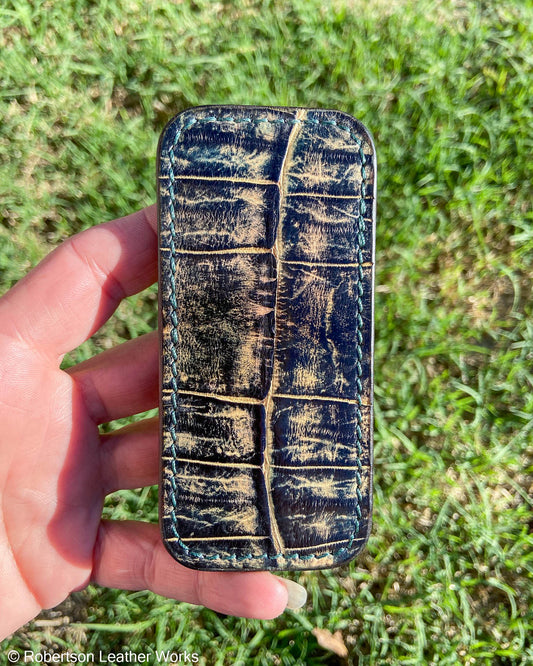 Schmedium H.D. Dk Green-Tan Caiman Leather Knife Slip, Emerald Stitching