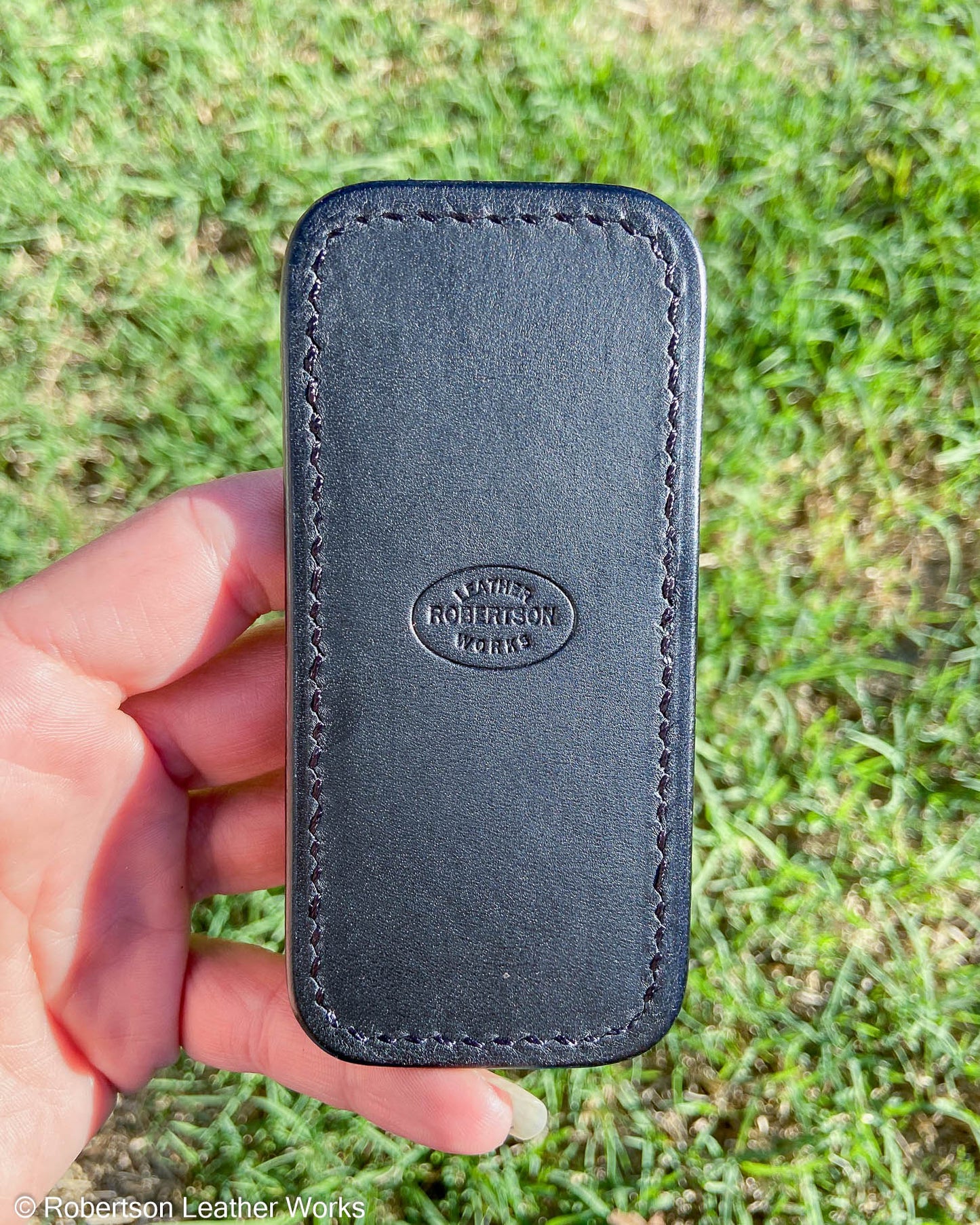 Schmedium Navy Sanded Stingray Leather Knife Slip, Black Stitching