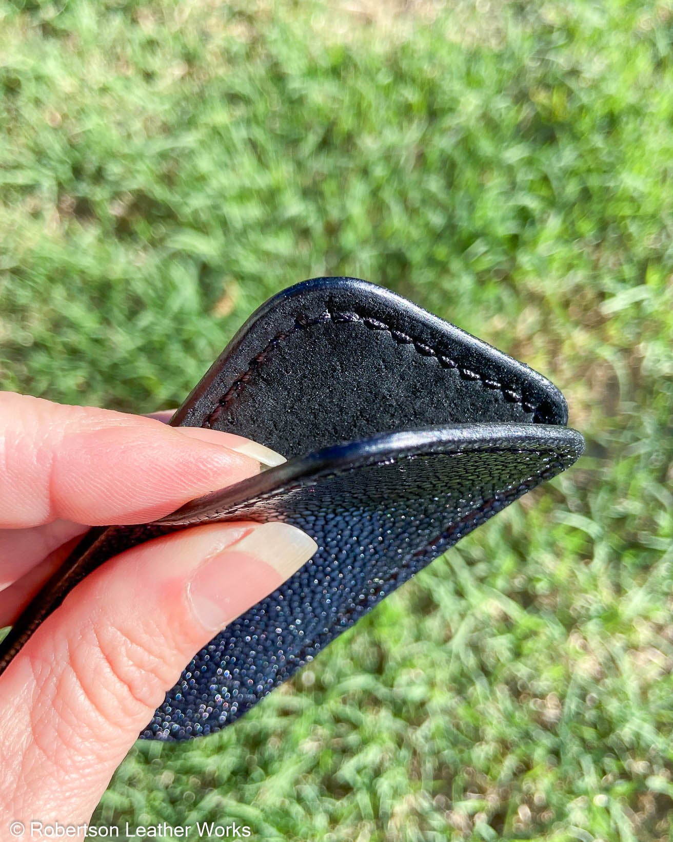 Schmedium Navy Sanded Stingray Leather Knife Slip, Black Stitching