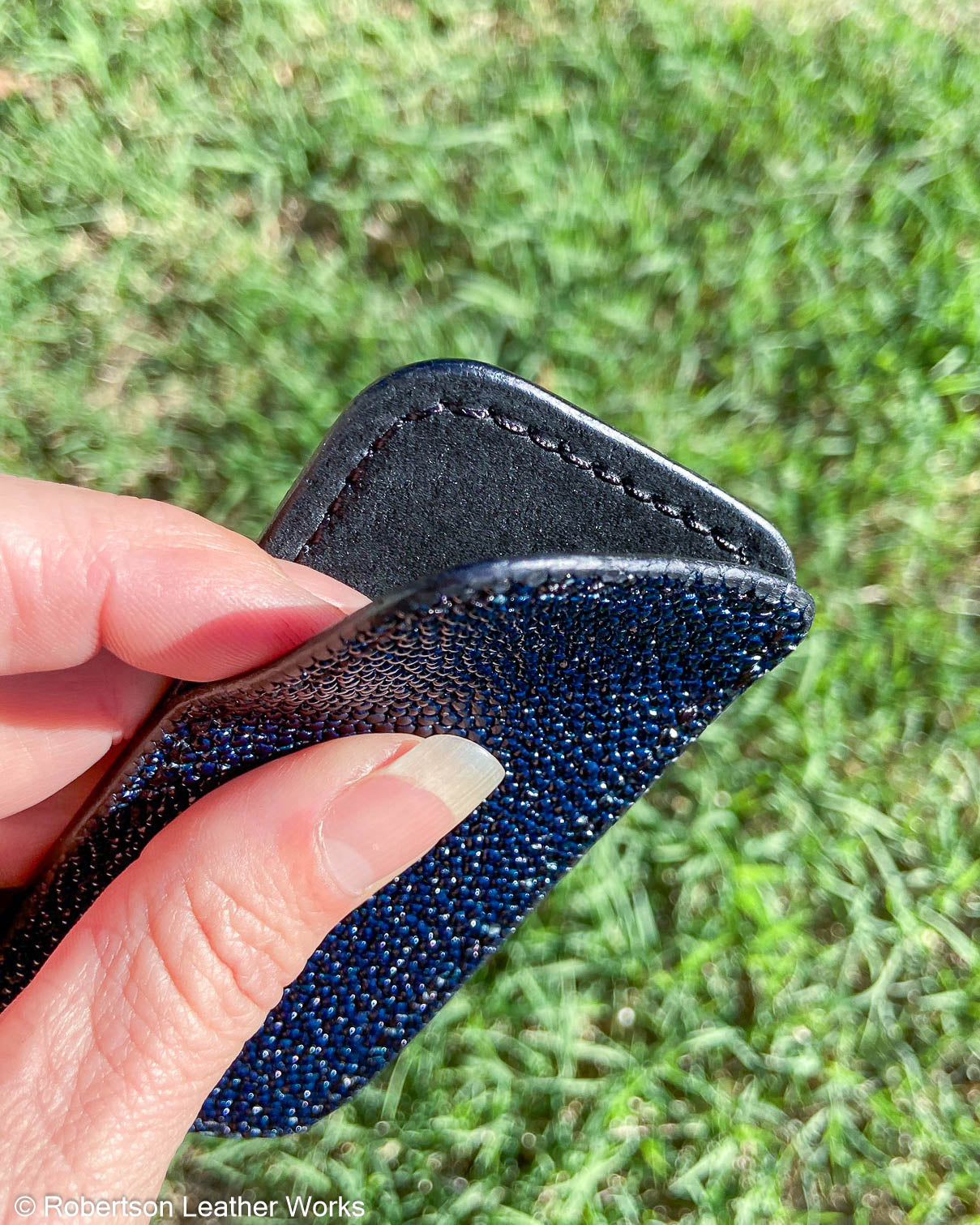 Schmedium Navy Stingray Leather Knife Slip, Black Stitching