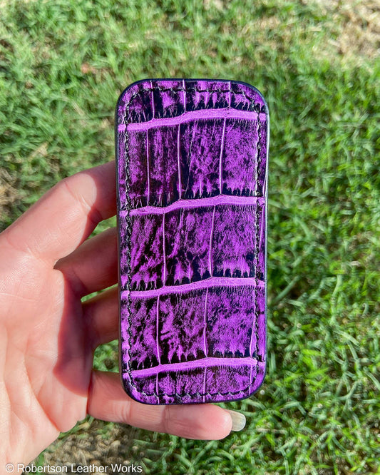 Schmedium H.D. Purple-Black Caiman Tail Leather Knife Slip, Black Stitching