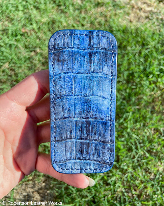 Schmedium H.D. Blue-Navy Caiman Tail Leather Knife Slip, Navy Stitching