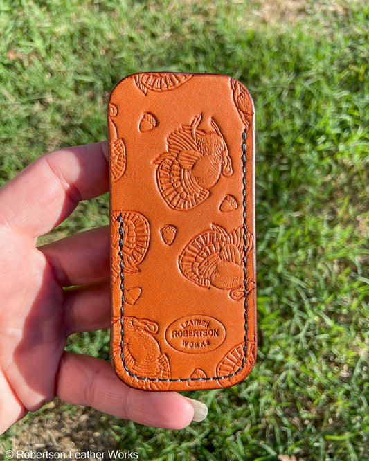 Small Tan Fall/Holiday Stamped Leather Knife Slip, Forest Stitching