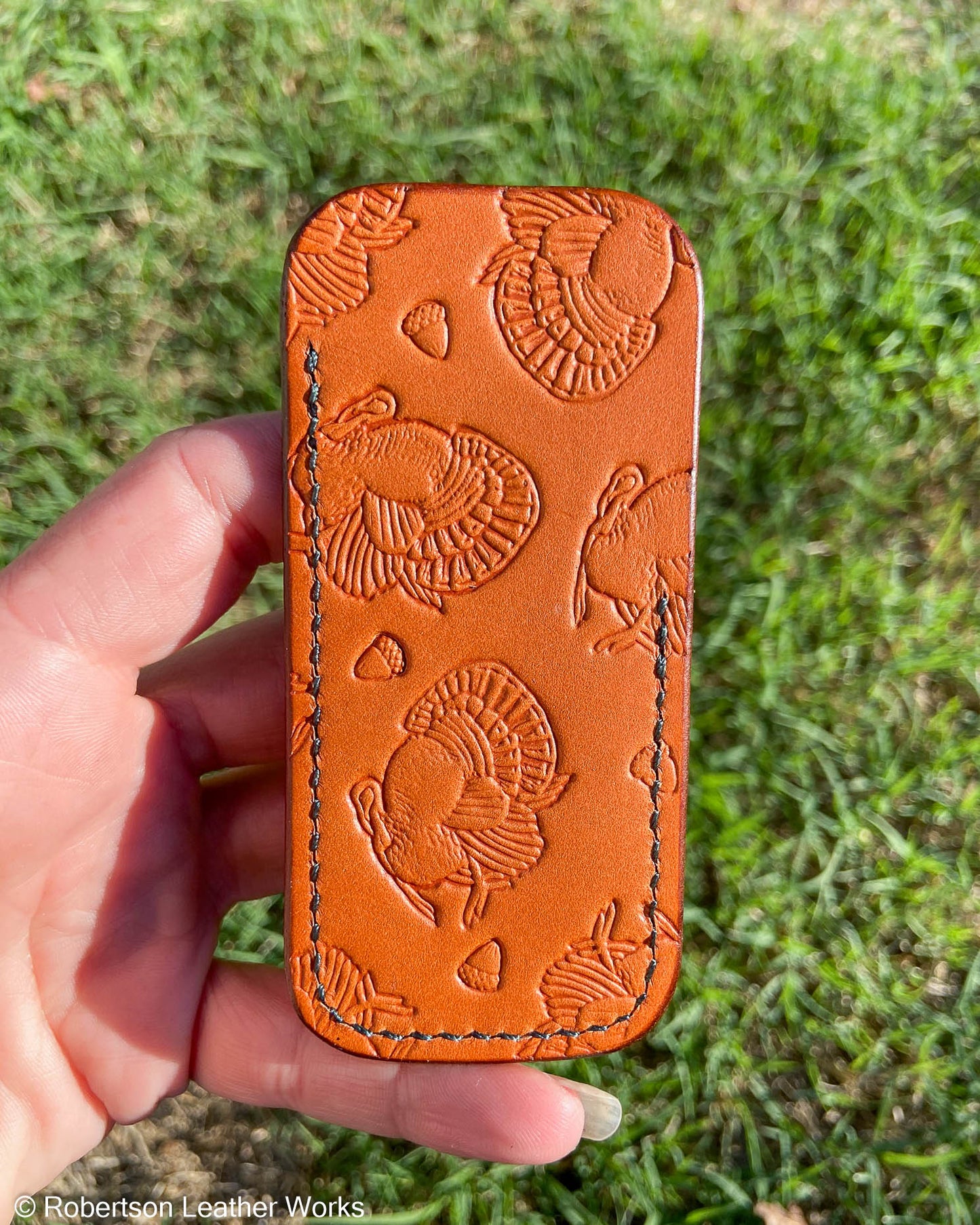 Small Tan Fall/Holiday Stamped Leather Knife Slip, Forest Stitching