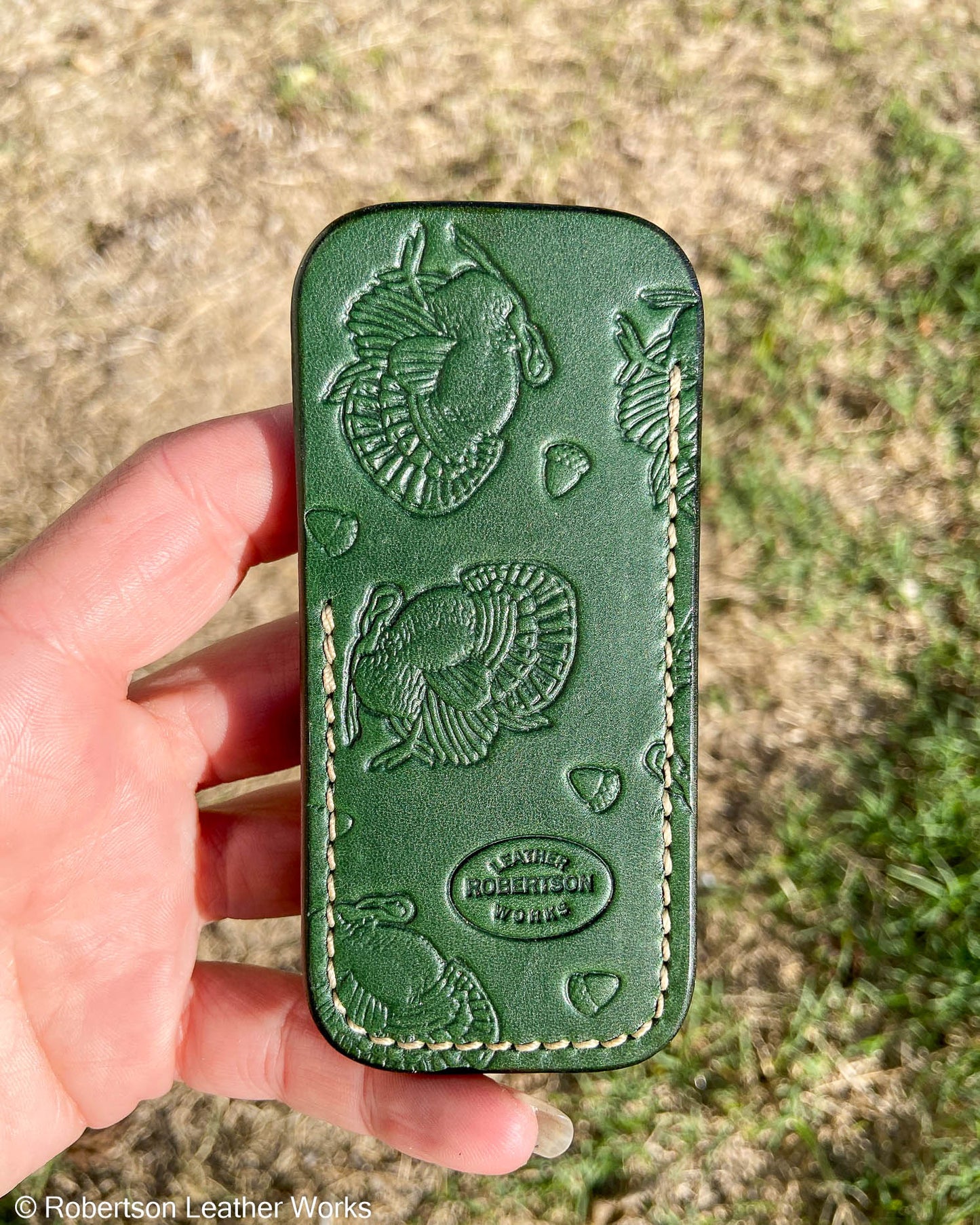 Small Green Fall/Holiday Stamped Leather Knife Slip, Cream Stitching