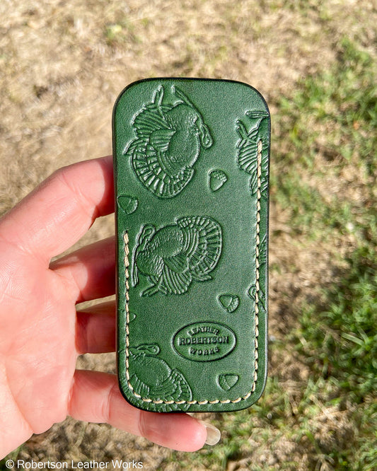 Small Green Fall/Holiday Stamped Leather Knife Slip, Cream Stitching