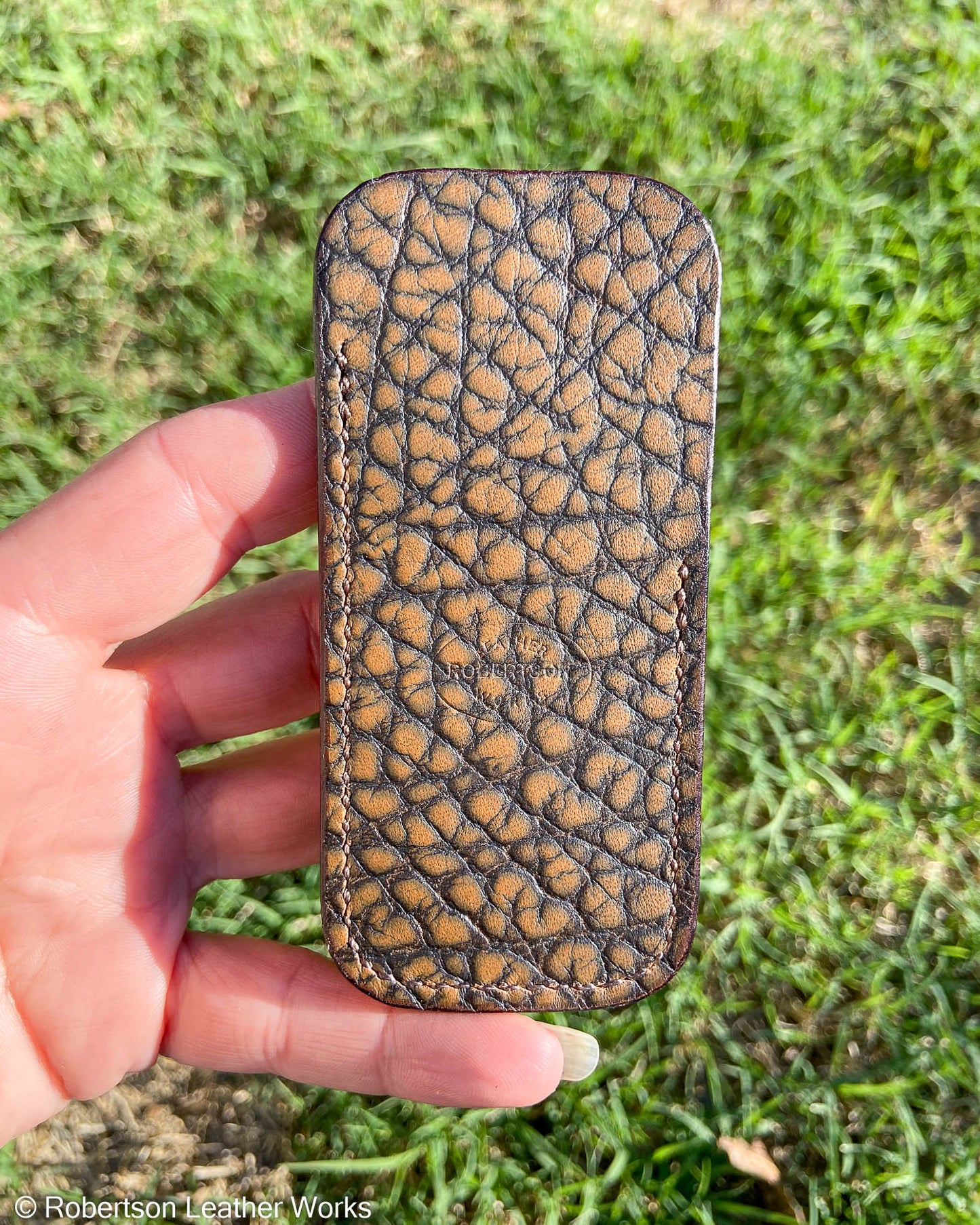 Small Light Brown Embossed Leather Knife Slip, Brown Stitching