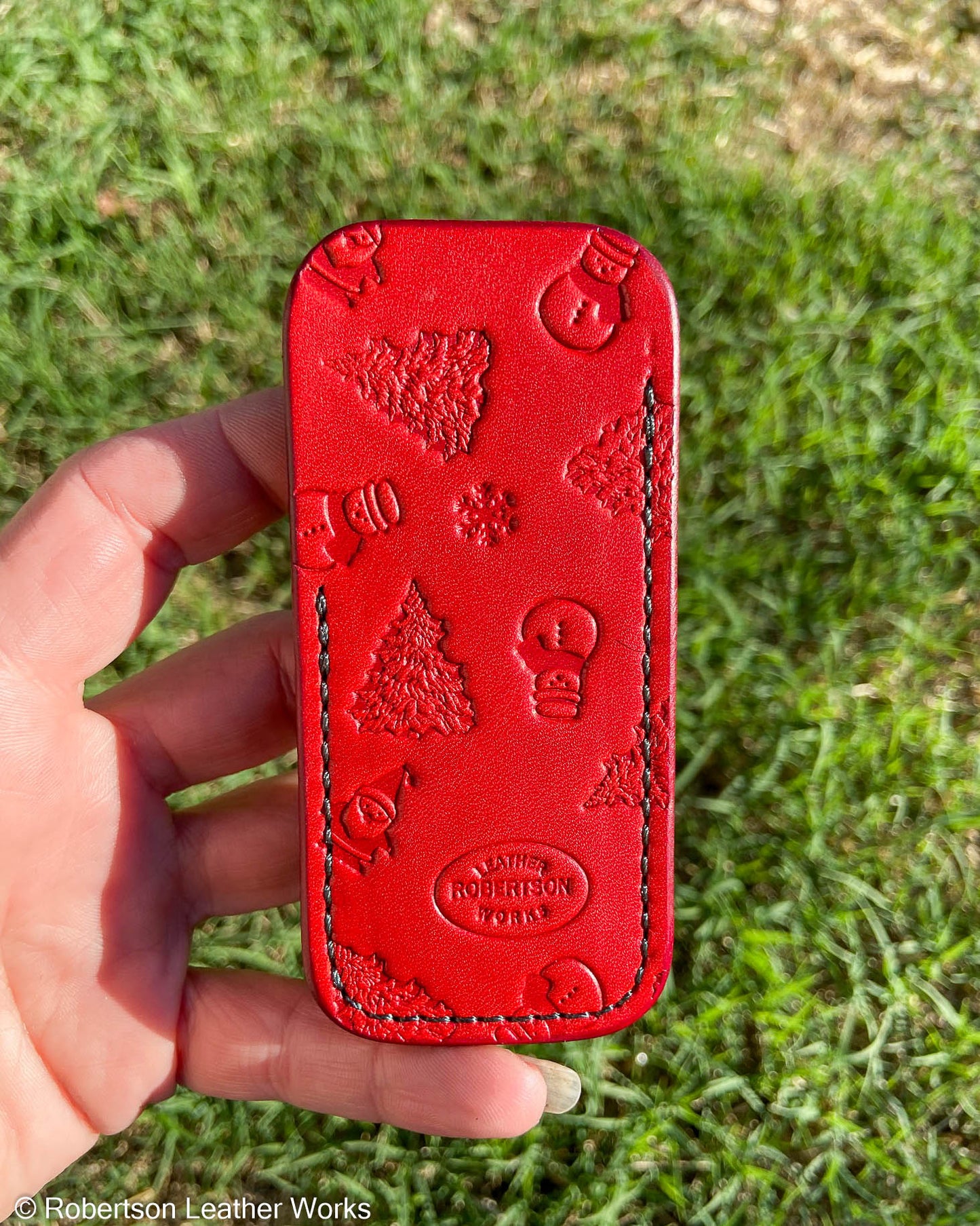 Small Red Christmas Stamped Leather Knife Slip, Forest Stitching