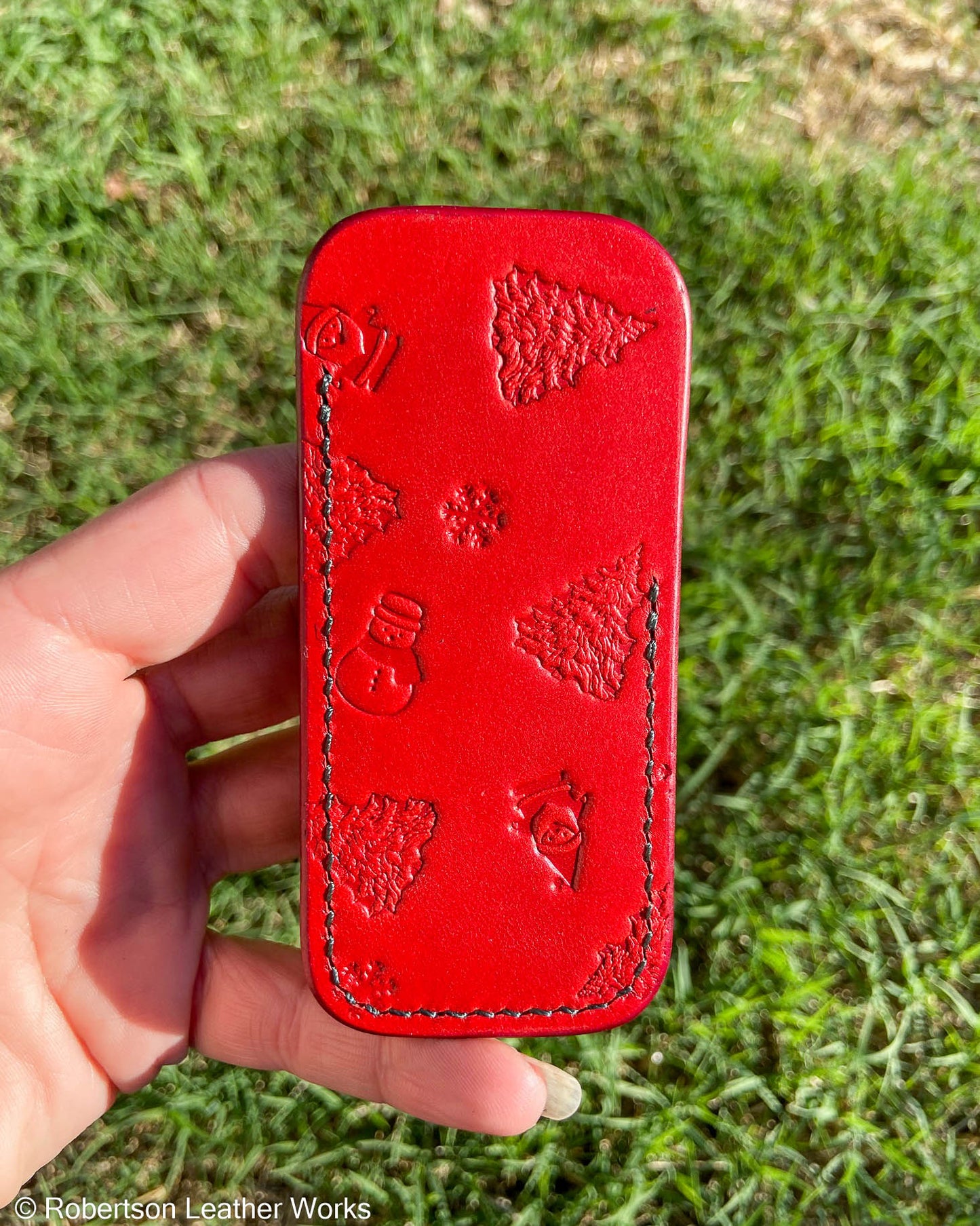 Small Red Christmas Stamped Leather Knife Slip, Forest Stitching