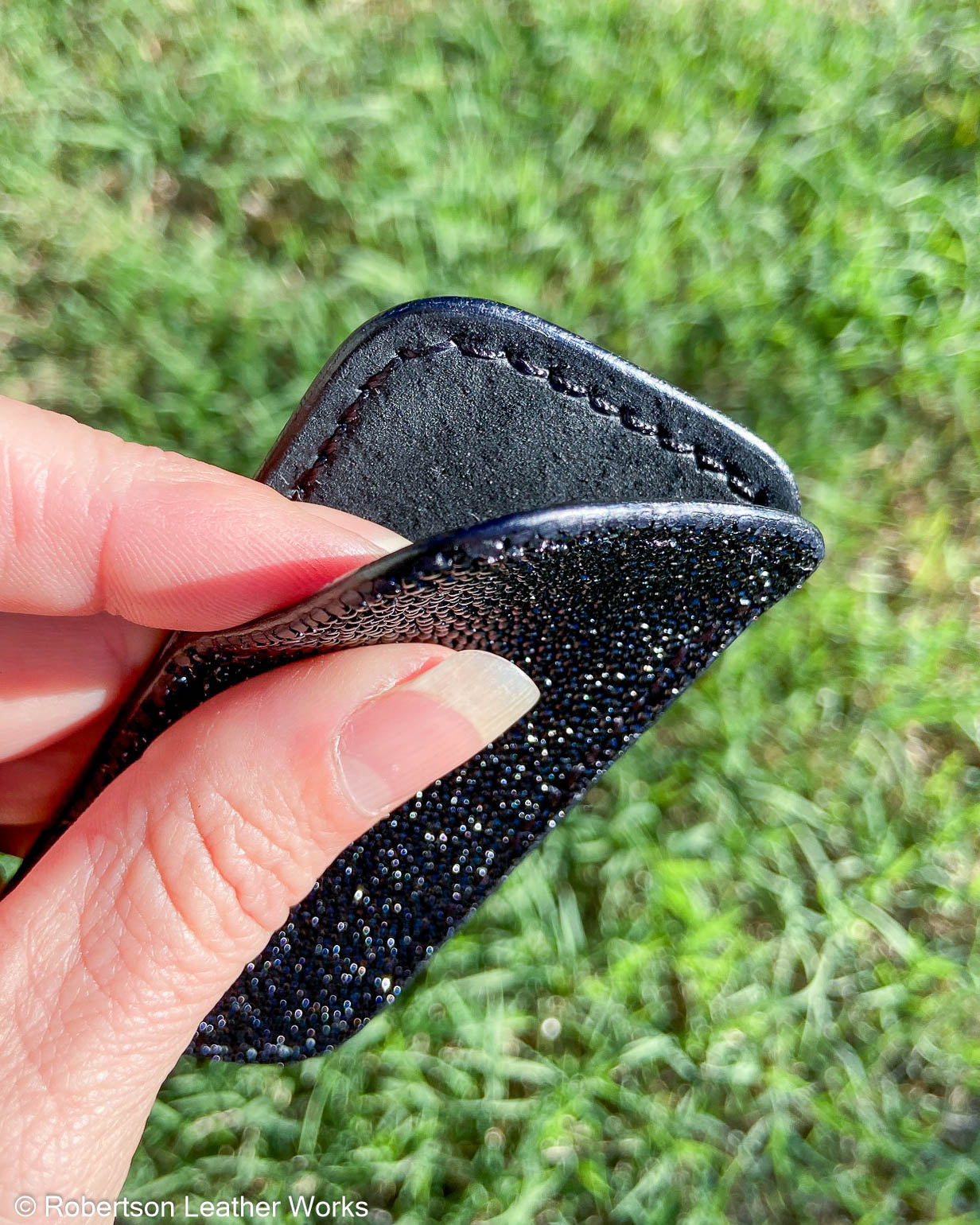 Small Black Stingray Leather Knife Slip, Black Stitching