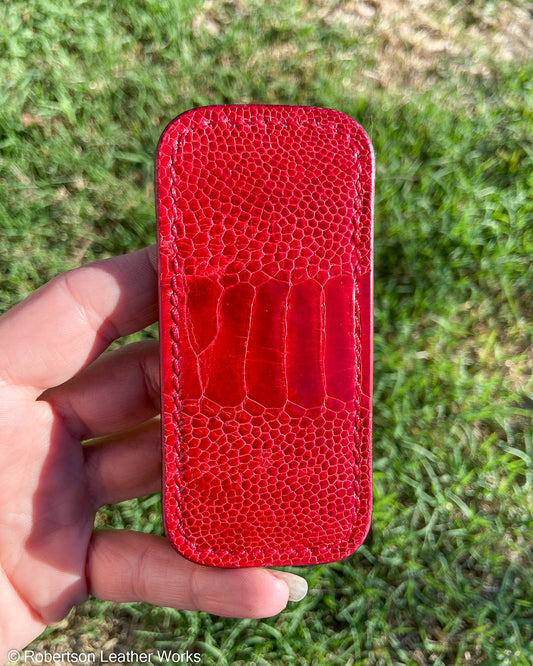 Small Red Ostrich Leg Leather Knife Slip, Red Stitching
